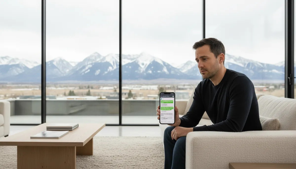Photorealistic Longmont homeowner reviewing contractor text messages on a smartphone