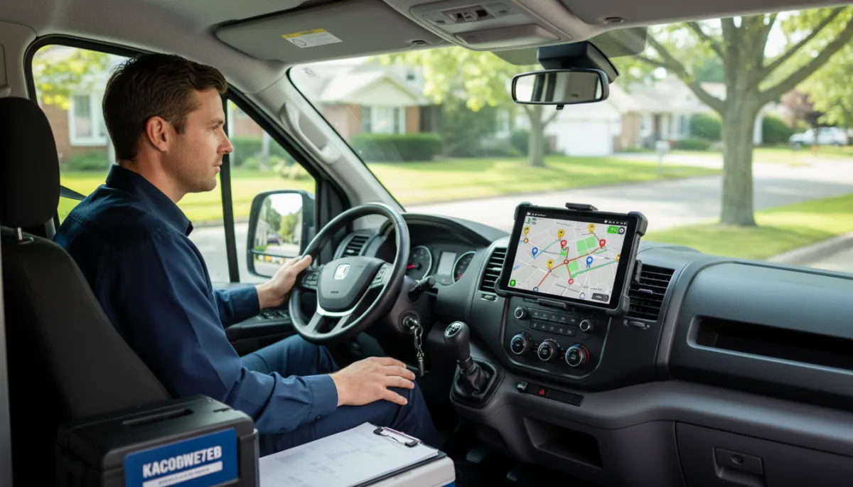 Technician in a service van following an AI-optimized route on a tablet Technician in a service van following an AI-optimized route on a tablet