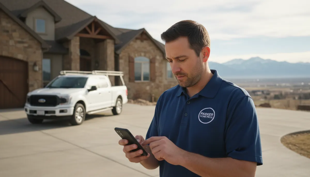 Contractor reviewing AI-powered messages outside an upscale Parker Colorado home