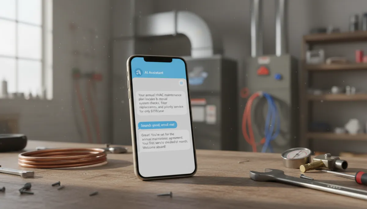 Phone showing AI text conversation selling an HVAC maintenance plan