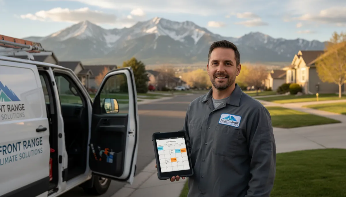 Colorado HVAC technician reviewing AI-scheduled seasonal tune-ups in a Front Range neighborhood