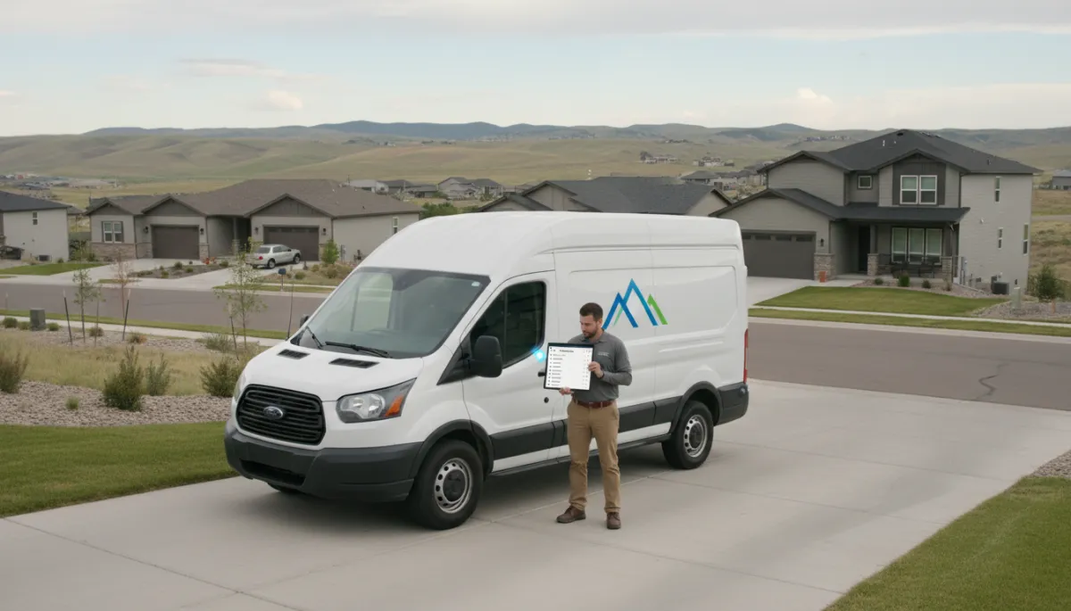 Photorealistic view of a contractor van in a Colorado suburban driveway Photorealistic view of a contractor van in a Colorado suburban driveway