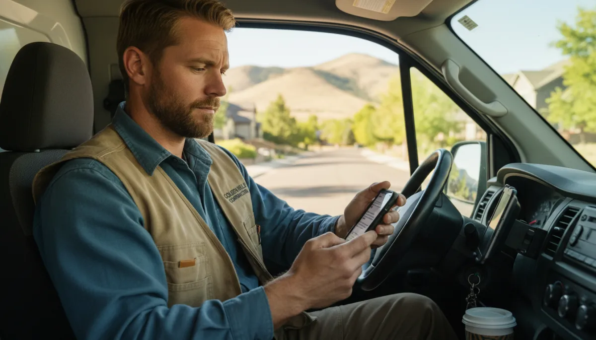 Photorealistic Colorado contractor viewing AI-managed customer texts in a service van