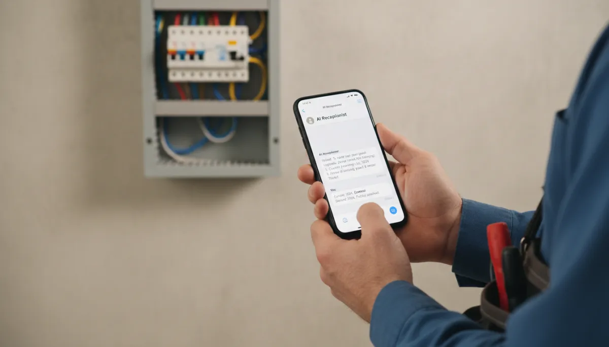 Electrician viewing AI text-back conversation qualifying a residential electrical panel upgrade lead
