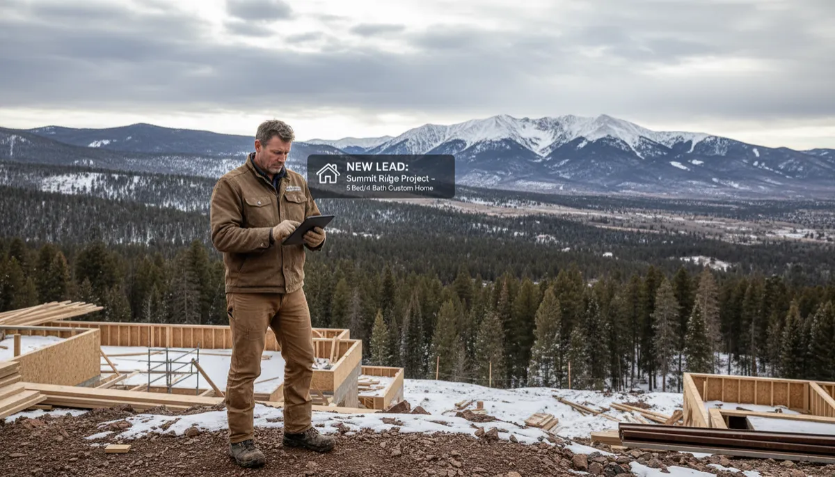 Contractor reviewing a new lead notification on a tablet at a mountain job site Contractor reviewing a new lead notification on a tablet at a mountain job site