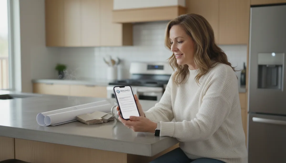 Homeowner reviewing a polished digital contractor proposal on their phone Homeowner reviewing a polished digital contractor proposal on their phone