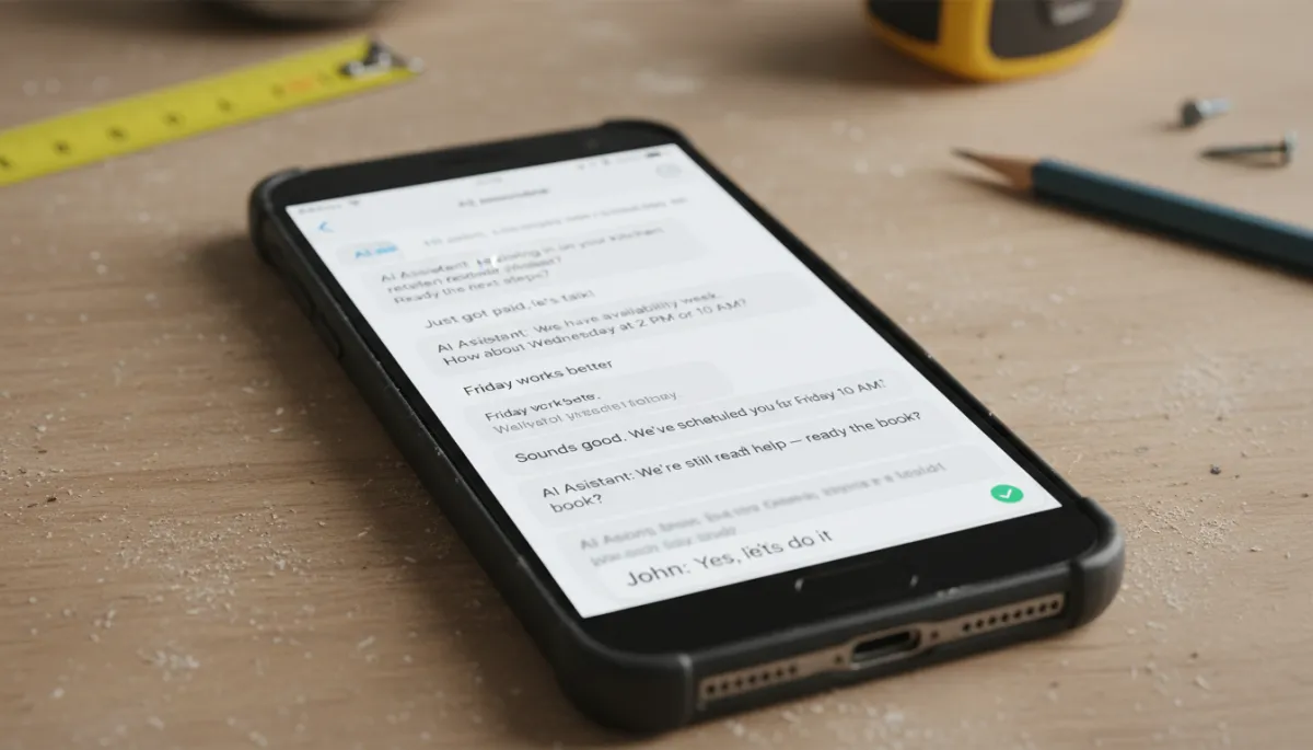 Smartphone showing automated AI follow-up text sequence turning a ghosted estimate into a booked job Smartphone showing automated AI follow-up text sequence turning a ghosted estimate into a booked job