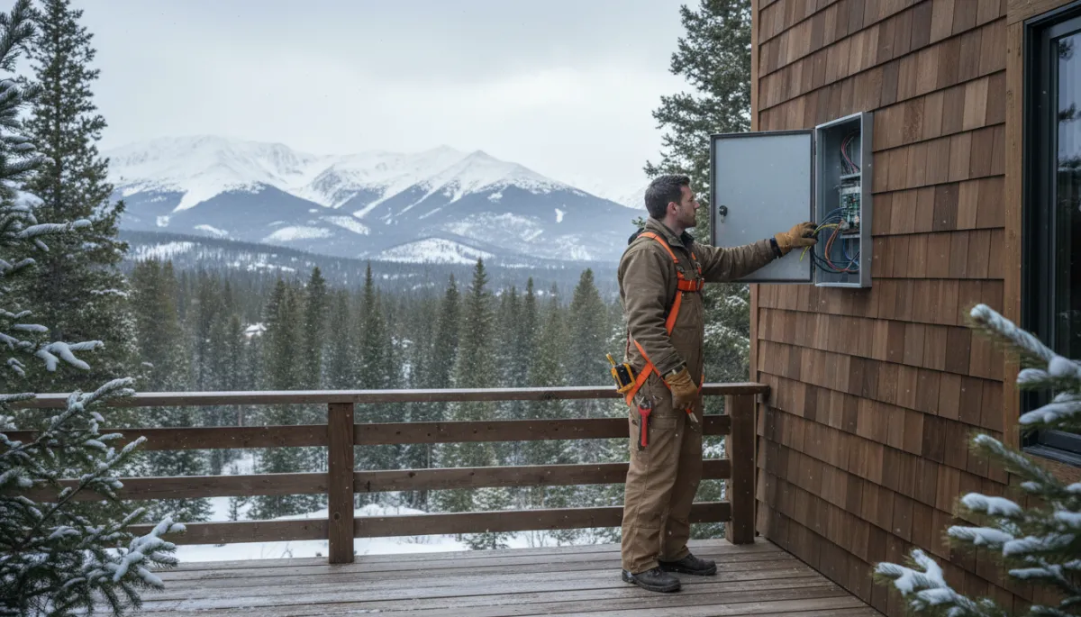 Contractor inspecting exterior systems on a high-end mountain home in Summit County Colorado Contractor inspecting exterior systems on a high-end mountain home in Summit County Colorado