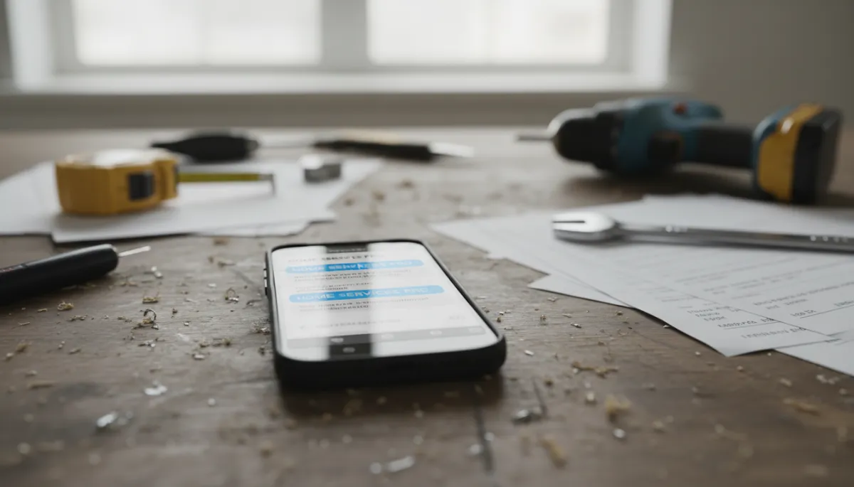 Phone on workbench showing automated contractor follow-up text messages