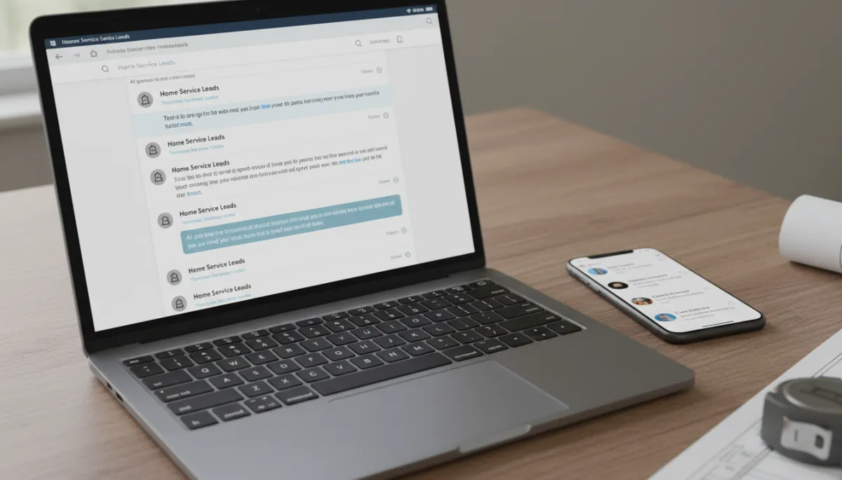 photorealistic neutral-toned close-up of a contractor’s laptop on a desk showing an email inbox and AI-generated follow-up messages to home service leads, with a smartphone beside it displaying text notifications