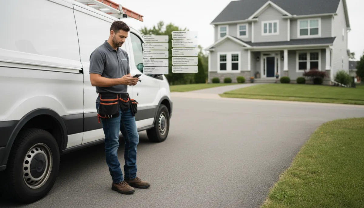 photorealistic neutral-toned image of a contractor standing in a driveway next to a service van, glancing at a smartphone showing a stream of automated text confirmations and appointment bookings