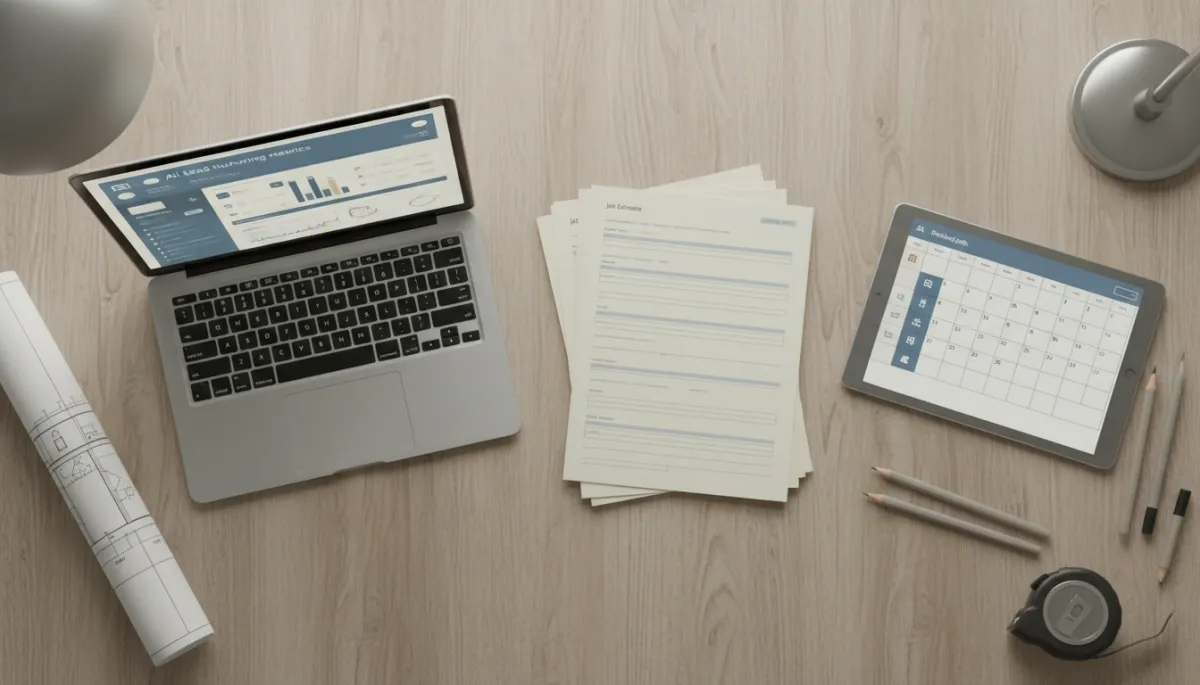 photorealistic neutral-toned overhead view of a contractor’s desk with a laptop showing a dashboard of AI lead nurturing metrics, a tablet with a calendar of booked jobs, and printed job estimates neatly stacked