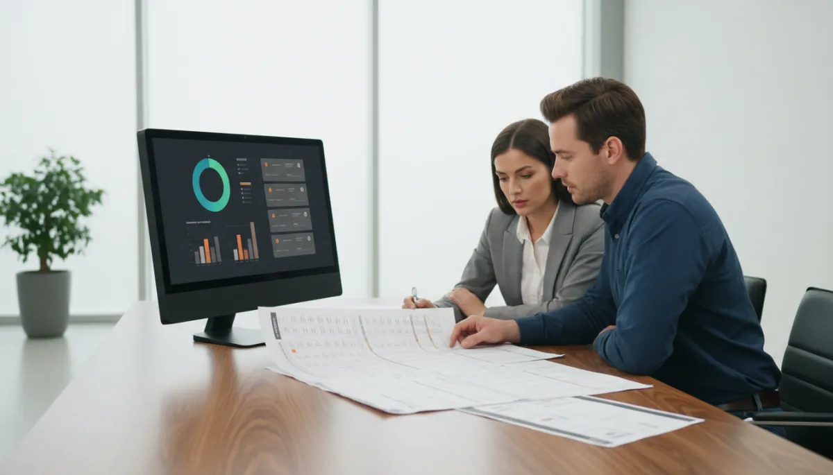 Contractor and office manager reviewing pricing and job costing reports