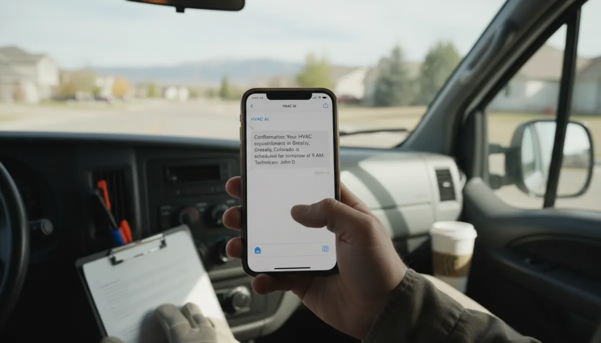 Contractor viewing AI-confirmed HVAC appointment from a Greeley homeowner on a smartphone
