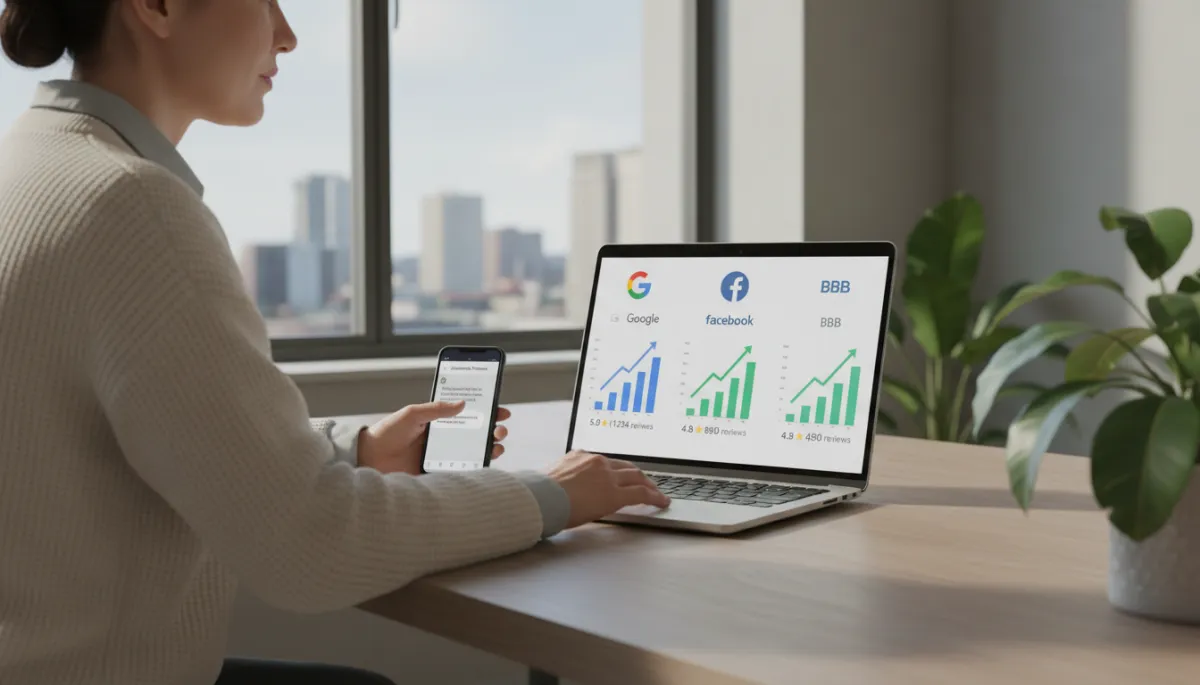 photorealistic neutral-toned office scene with a contractor business owner at a desk reviewing a laptop dashboard showing rising review counts and star ratings across Google, Facebook, and BBB, smartphone beside with an automated review text message visible
