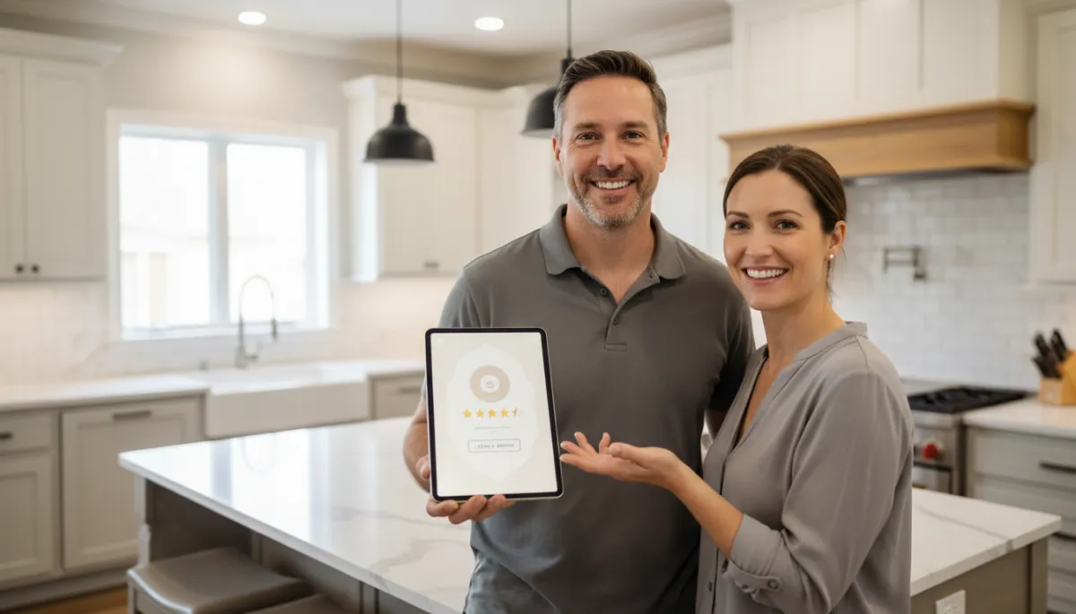 photorealistic neutral-toned close-up of a contractor and homeowner standing in a finished kitchen remodel, contractor holding a tablet showing a simple review request screen, both smiling and relaxed