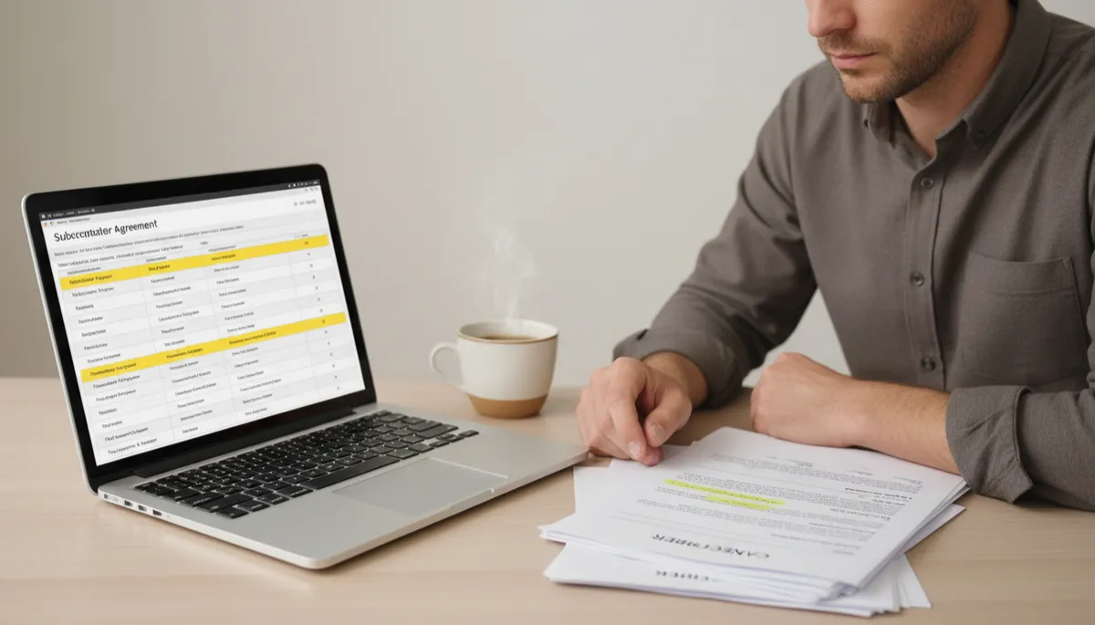 Contractor reviewing subcontractor payment milestones and change orders on a laptop