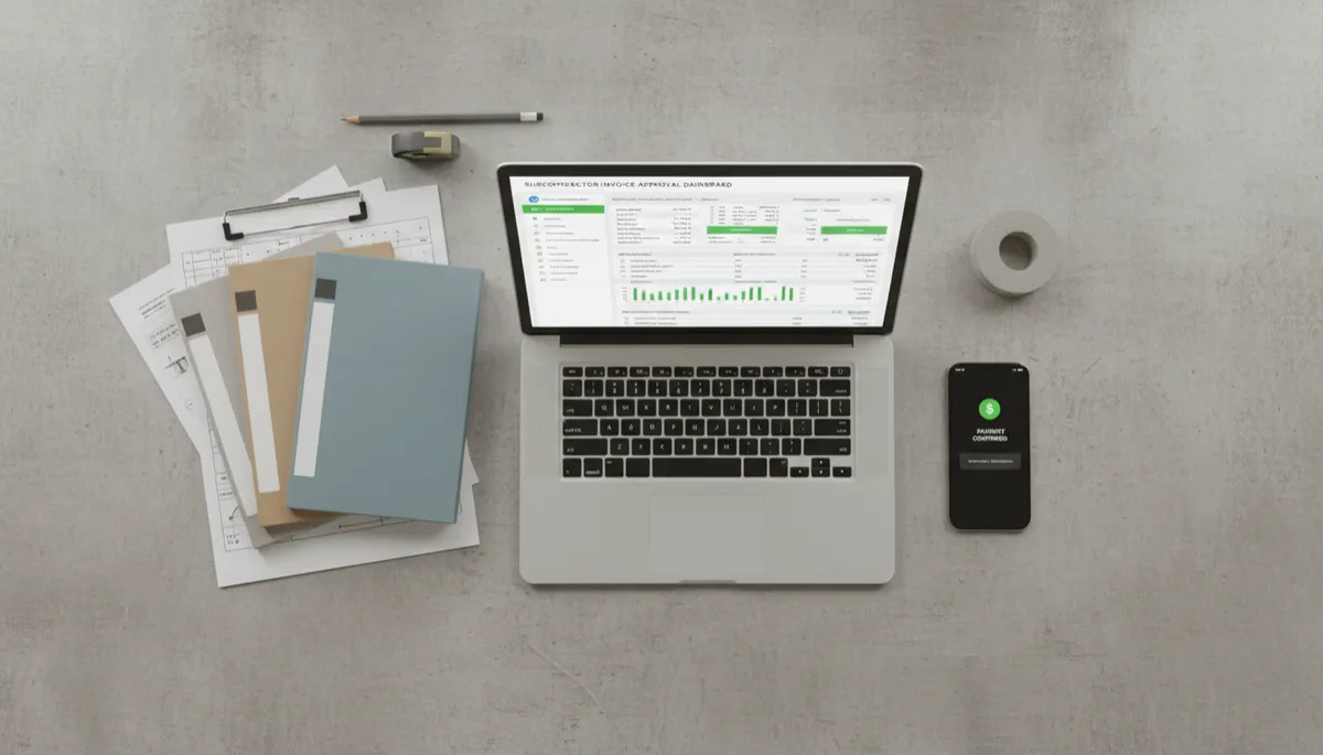 Desk with subcontractor invoicing dashboard and payment notifications