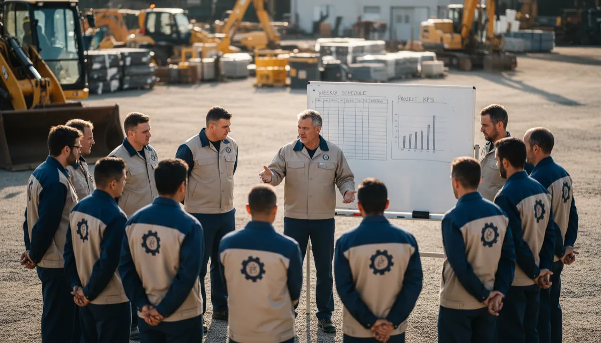 Field crew morning huddle with contractor owner reviewing goals