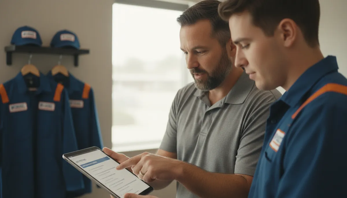 Contractor owner reviewing job posting and onboarding process with a technician