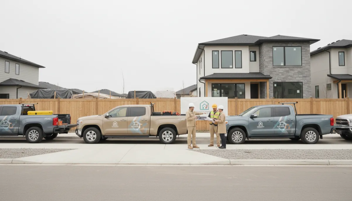 photorealistic neutral-toned photo of branded contractor trucks lined up outside a tidy job site, crew in matching uniforms speaking with a well-dressed homeowner, overcast natural light