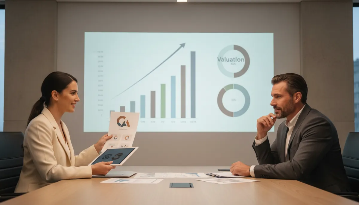 photorealistic neutral-toned shot of a contractor owner and a financial advisor reviewing valuation charts and brand materials in a conference room, both appearing confident and professional