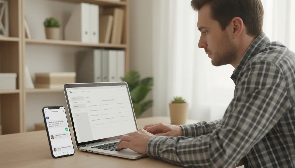 photorealistic neutral-toned close-up of a contractor reviewing a CRM dashboard on a laptop in a tidy office, showing leads, reviews, and scheduled follow-ups, with a smartphone displaying an AI receptionist chat
