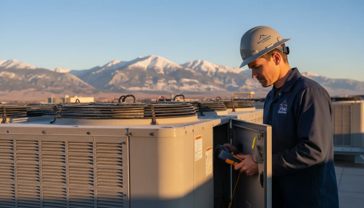 HVAC technician inspecting rooftop equipment at high altitude in Colorado HVAC technician inspecting rooftop equipment at high altitude in Colorado