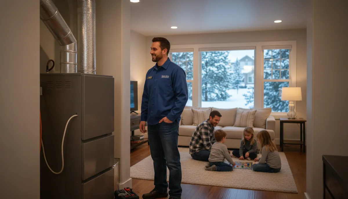 Colorado homeowner discussing furnace repair with HVAC technician during winter Colorado homeowner discussing furnace repair with HVAC technician during winter
