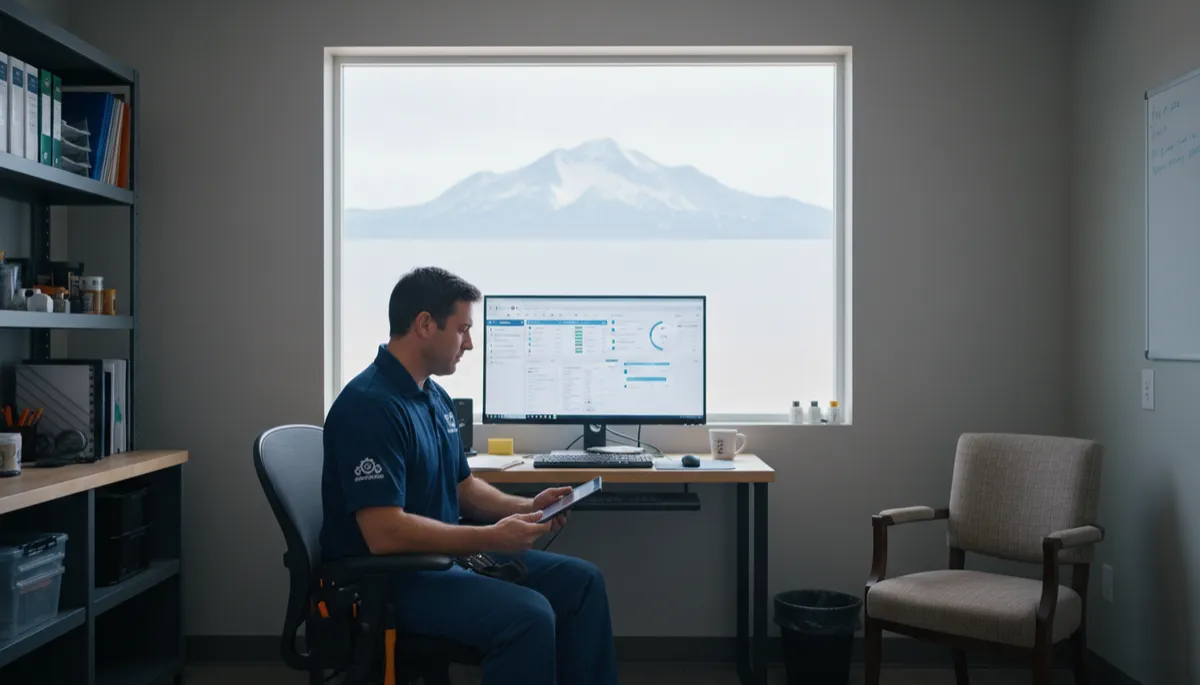 Plumbing contractor reviewing AI-powered call and text dashboard in Colorado Springs office Plumbing contractor reviewing AI-powered call and text dashboard in Colorado Springs office