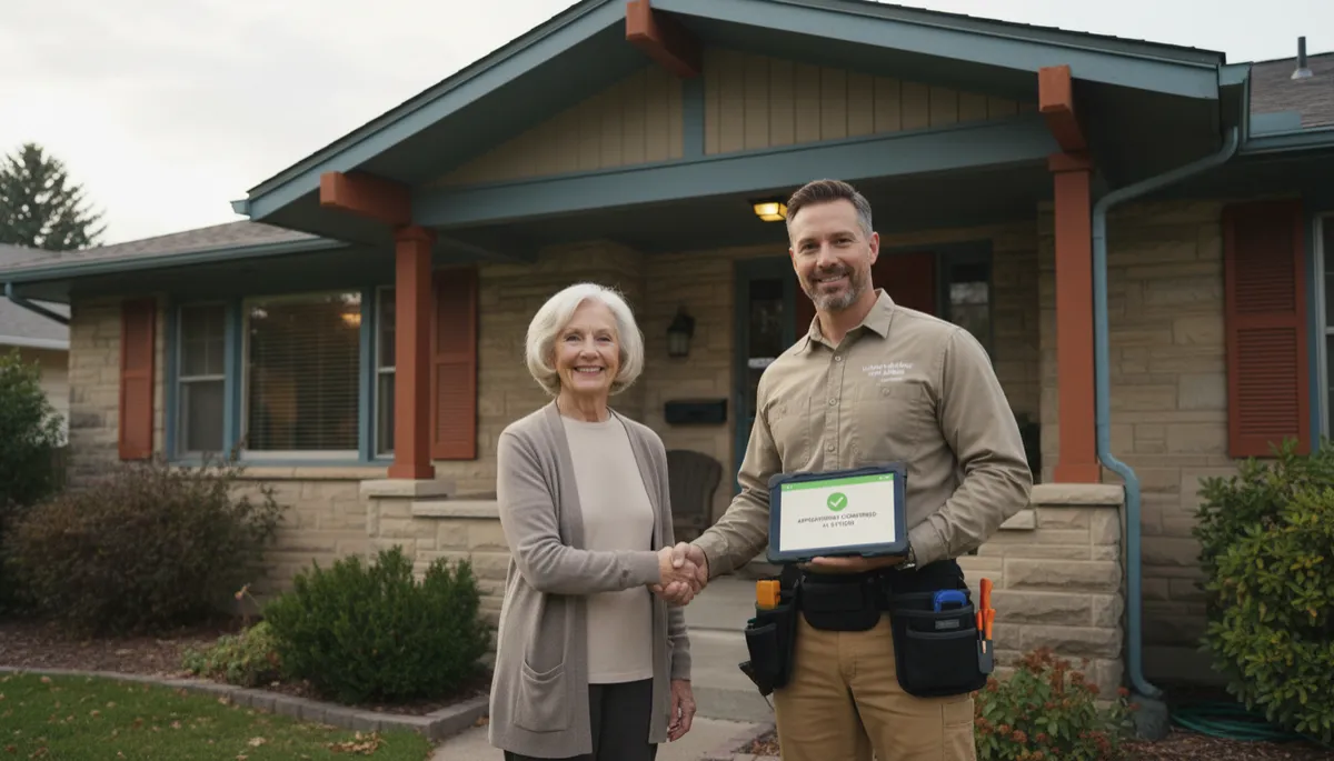 Local contractor in Lakewood or Wheat Ridge confirming an AI‑scheduled appointment with an older homeowner