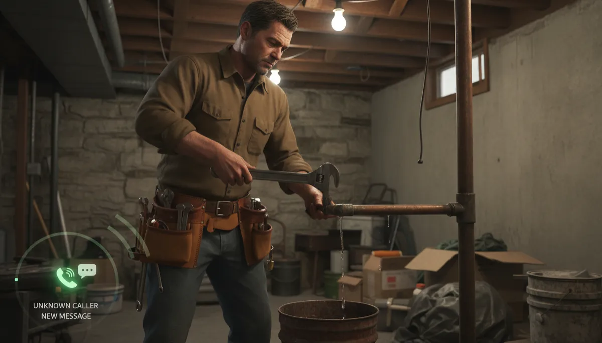 Contractor in an older Lakewood Colorado basement missing an incoming customer call while working