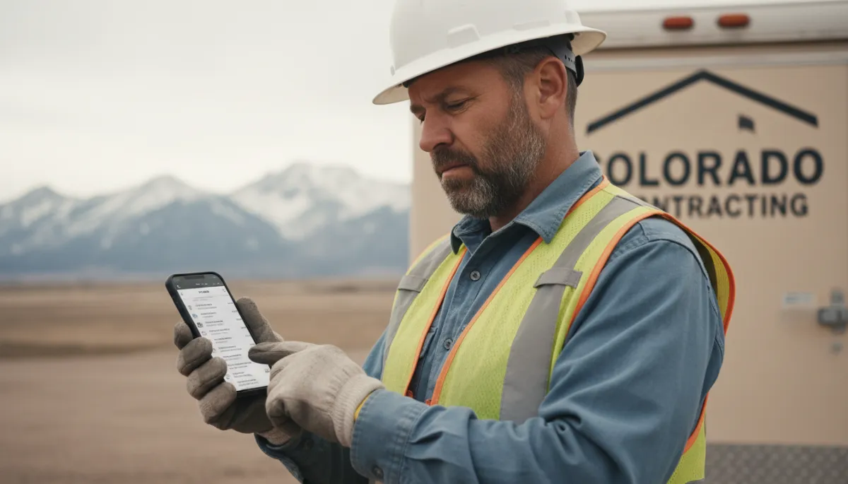 Contractor reviewing AI-captured leads on a smartphone at a job site Contractor reviewing AI-captured leads on a smartphone at a job site