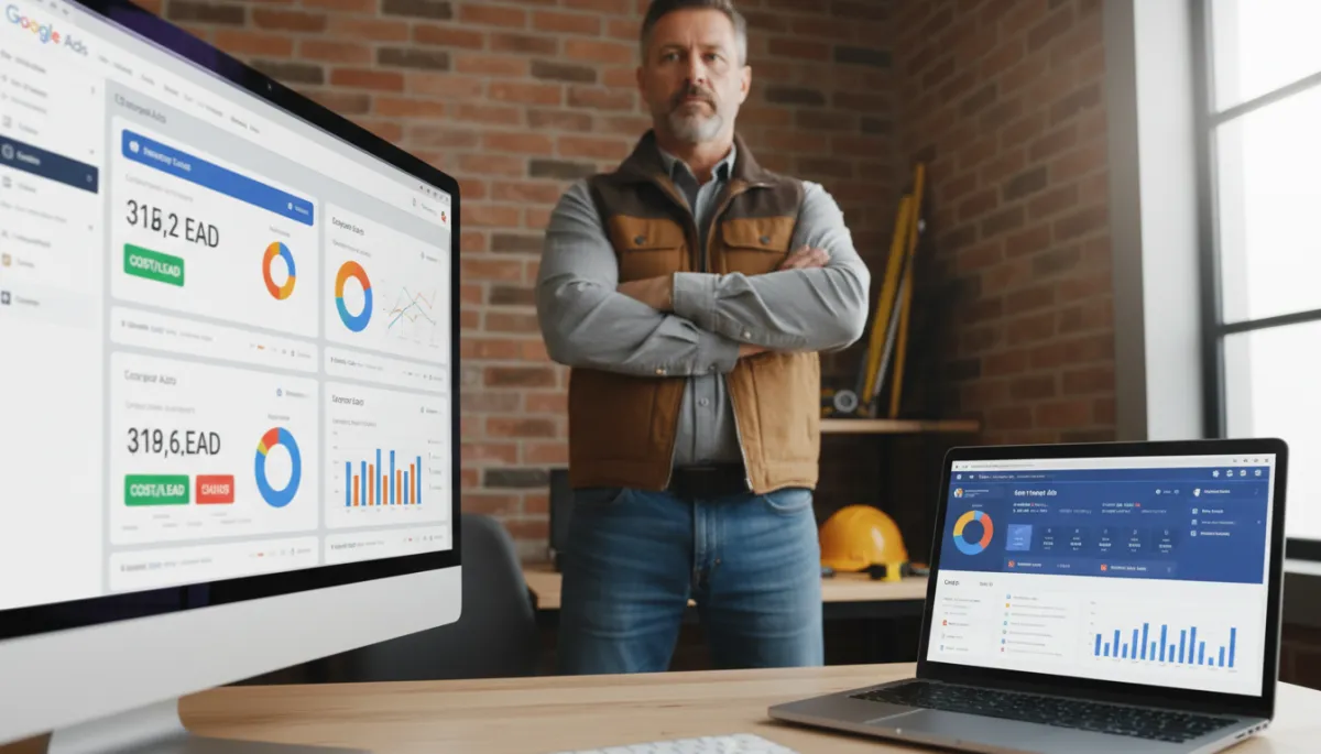 Roofing contractor reviewing multi-channel ad performance dashboards