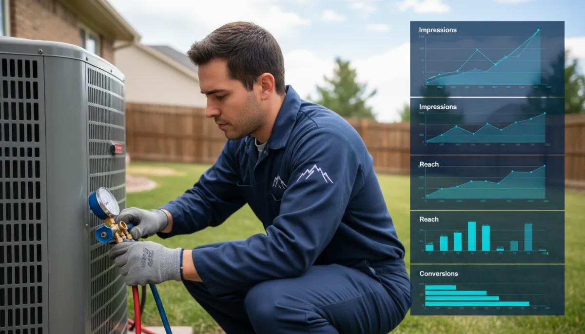 Technician performing AC tune-up with Facebook ad metrics overlay