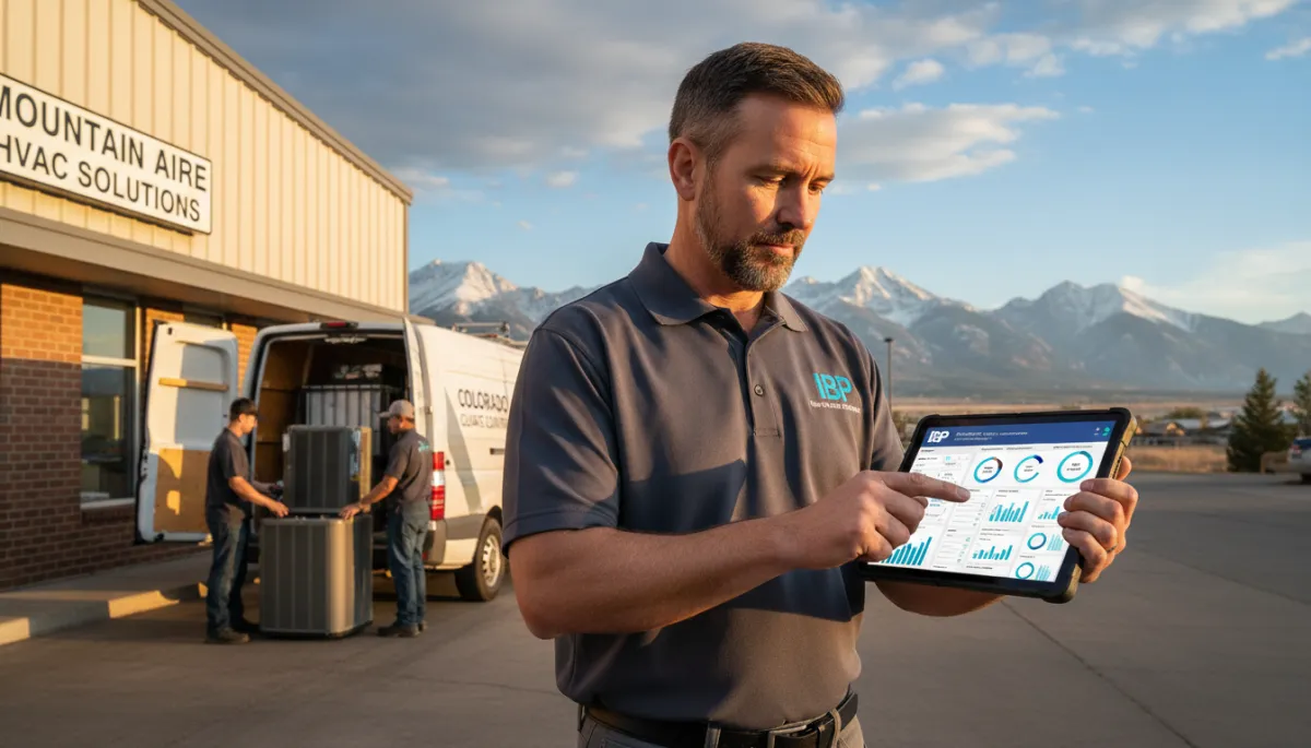 HVAC owner reviewing IBP-managed Facebook ad performance while team prepares for jobs