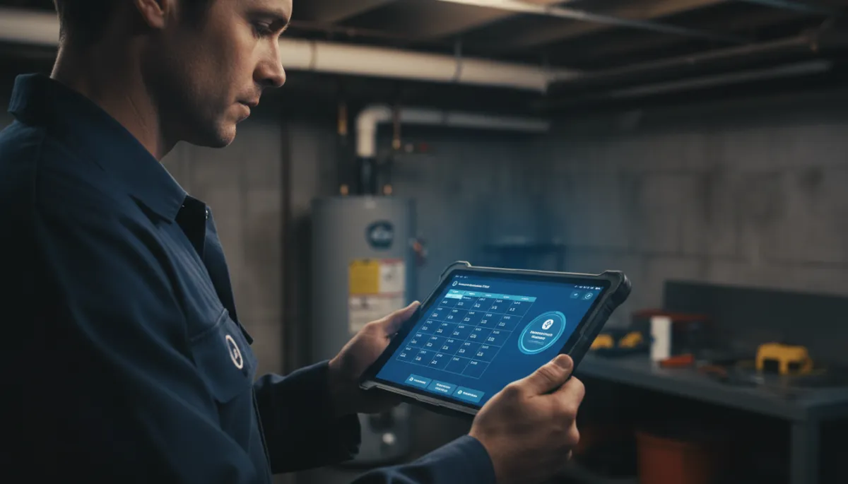 Plumber checking scheduled maintenance plan visits on a tablet in a basement Plumber checking scheduled maintenance plan visits on a tablet in a basement