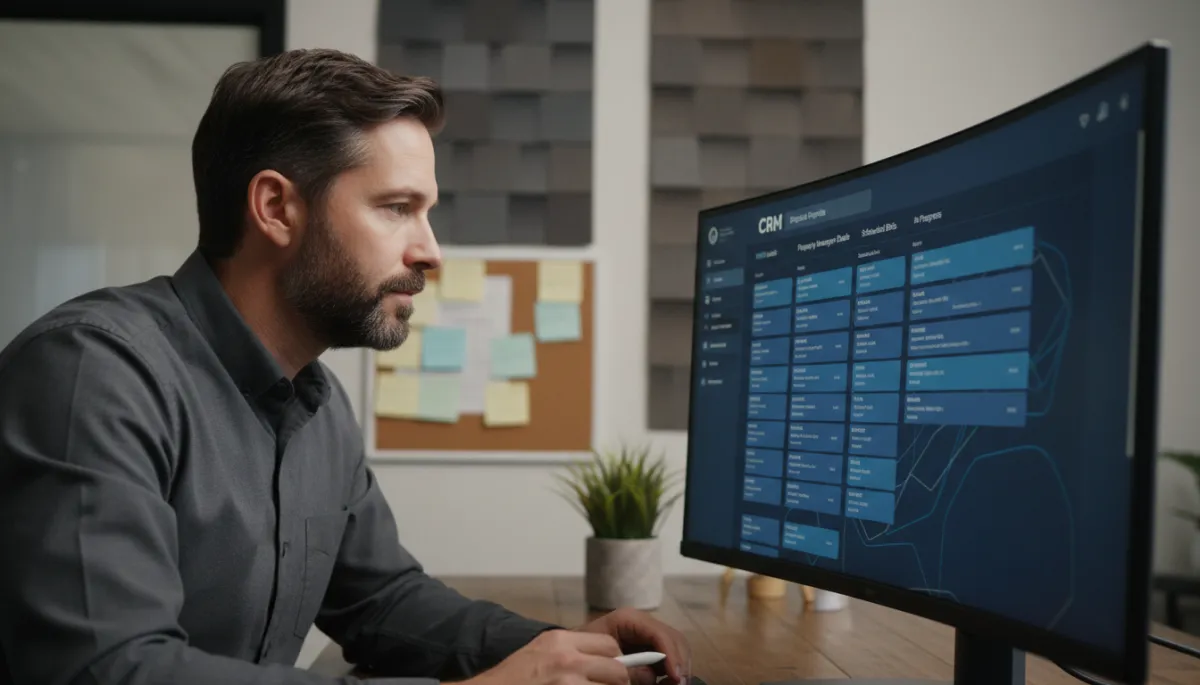 Roofing contractor reviewing AI-managed commercial roofing pipeline on large monitor