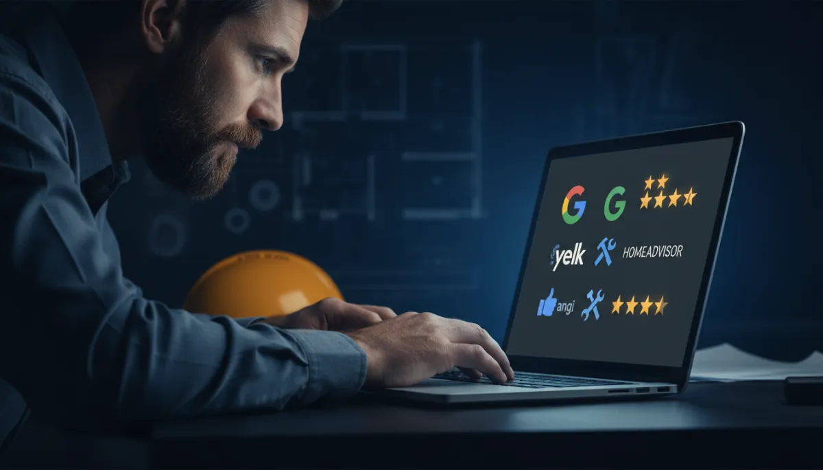 Contractor viewing multi-platform review dashboard on laptop with dark interface