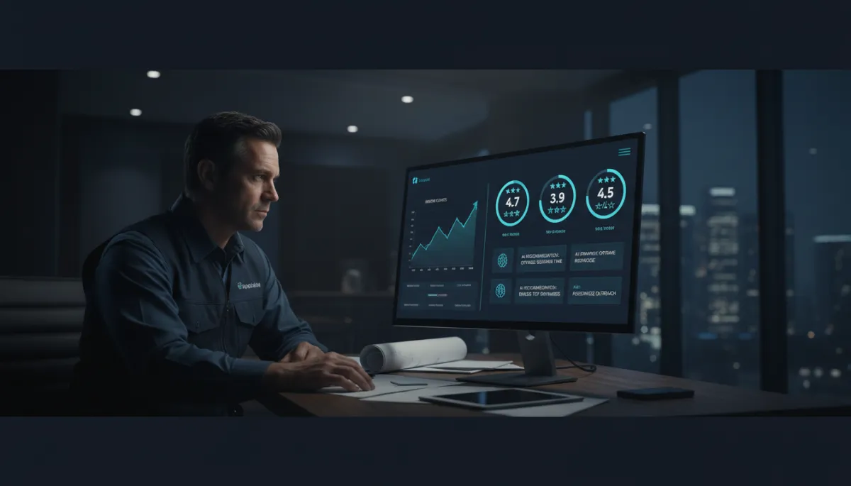 Contractor reviewing centralized review and AI visibility dashboard on dark screen