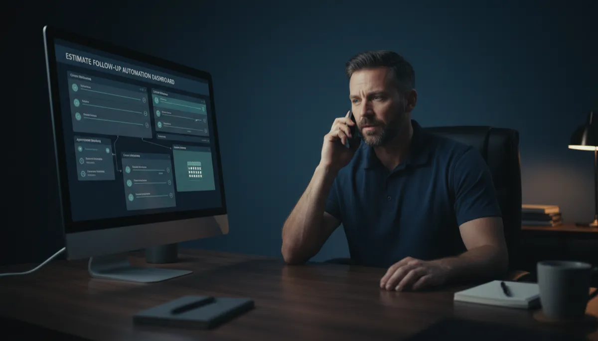Contractor on the phone reviewing an estimate follow-up automation dashboard Contractor on the phone reviewing an estimate follow-up automation dashboard