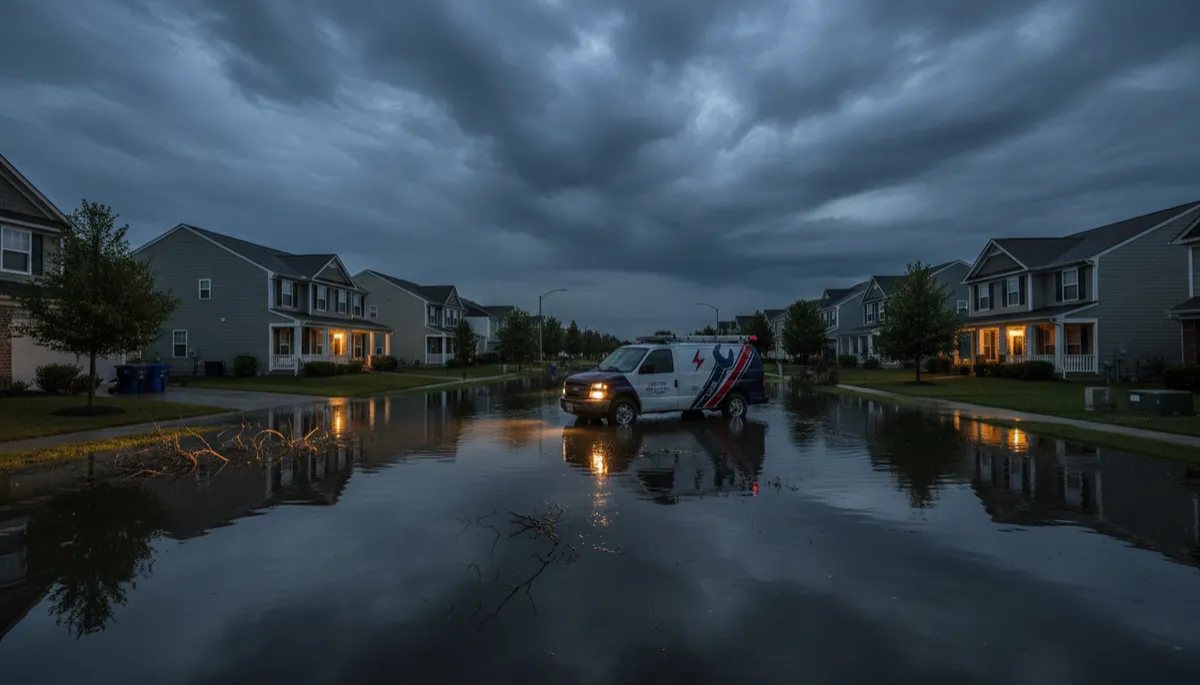 Contractor van on flooded residential street responding to surge of emergency calls Contractor van on flooded residential street responding to surge of emergency calls