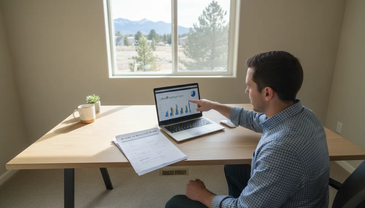 Contractor owner reviewing a 90-day AI rollout checklist and performance charts Contractor owner reviewing a 90-day AI rollout checklist and performance charts