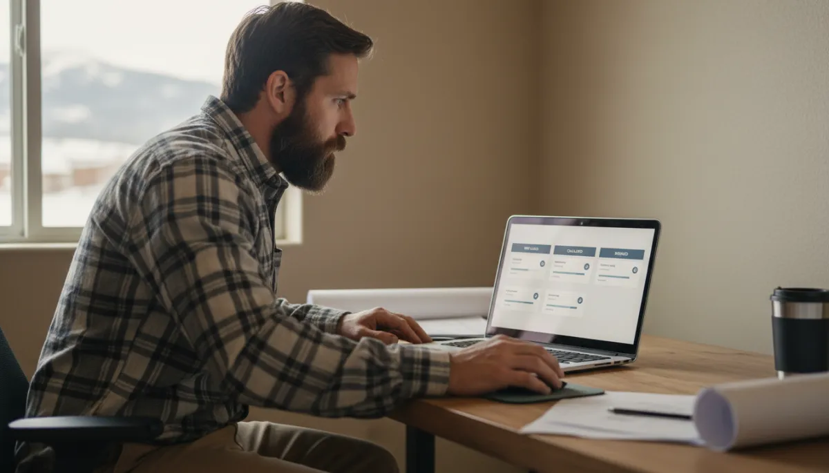 Contractor reviewing AI-powered pipeline dashboard on a laptop Contractor reviewing AI-powered pipeline dashboard on a laptop