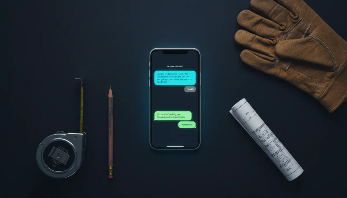 Smartphone on a contractor workbench showing a missed call text-back conversation with cyan and green screen glow