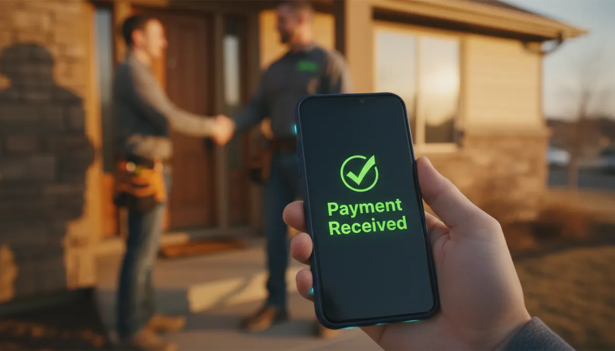Homeowner holding smartphone showing Payment Received with green checkmark, contractor shaking hands at Colorado home door in background