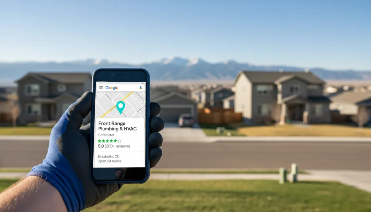 Contractor holding smartphone showing Google Maps listing ranked first with 5-star reviews in a Colorado neighborhood