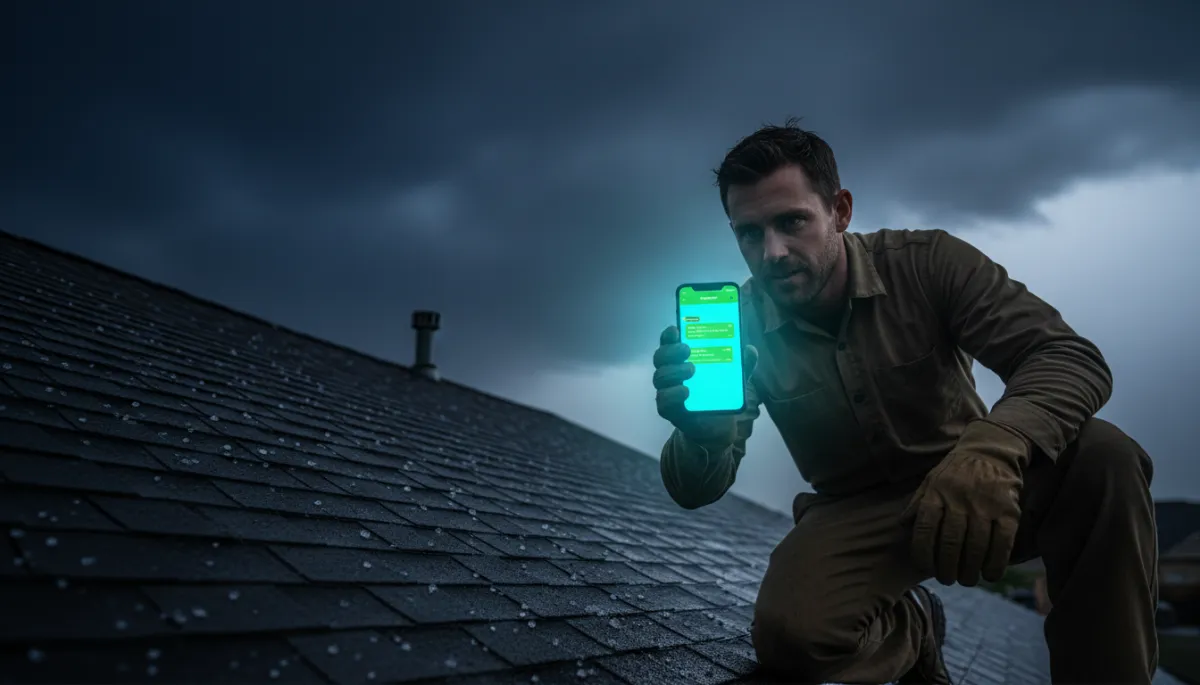 Colorado roofer on residential roof after hailstorm holding phone showing AI lead follow-up text conversation
