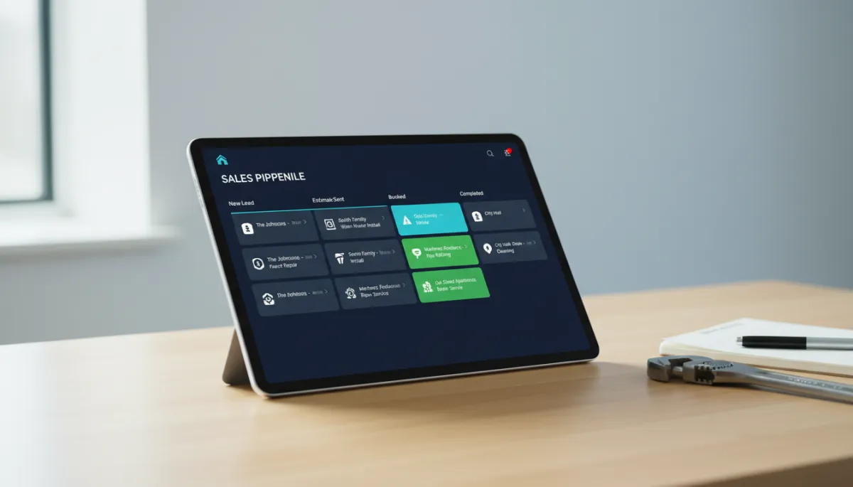 Tablet showing a plumbing contractor CRM pipeline dashboard with job stages and a pipe wrench on a clean work desk
