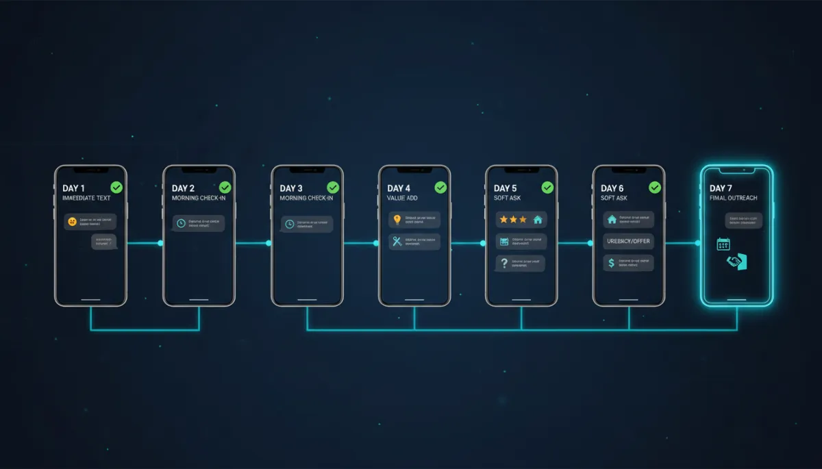 7-day lead nurture sequence timeline showing contractor follow-up messages as a horizontal flow with navy background and cyan connectors